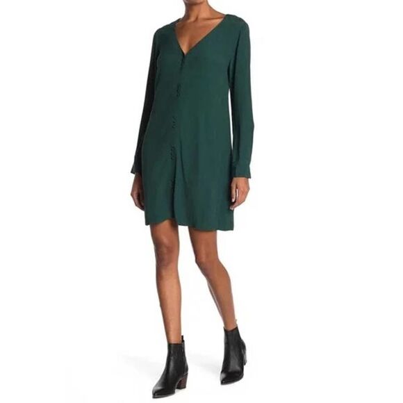 MADEWELL Long Sleeve Button Front Novel Dress‎ Sz L emerald green - Picture 1 of 7